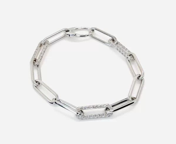 14 Karat White Gold Round Brilliant Diamond Paperclip Bracelet